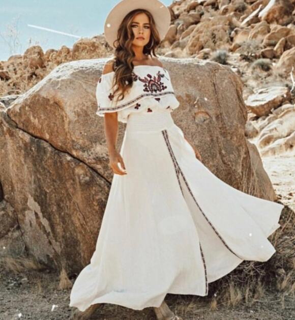 RAGA Dresses & Skirts - RAGA Off the Shoulder Ruffle Embroidered Maxi Dress Ivory Medium
